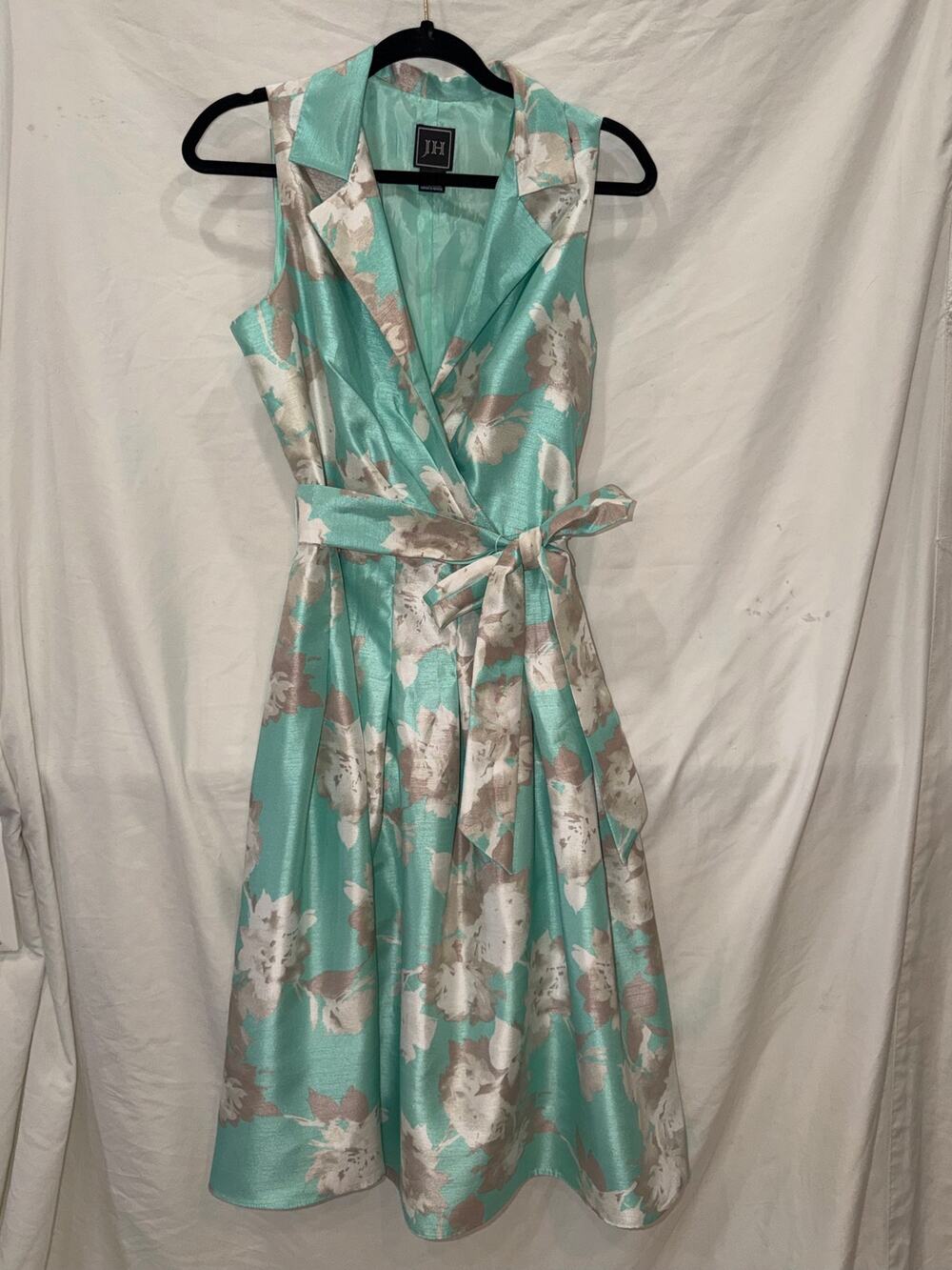 JH Aqua Floral Fit & Flare Midi Dress Belted Size 8